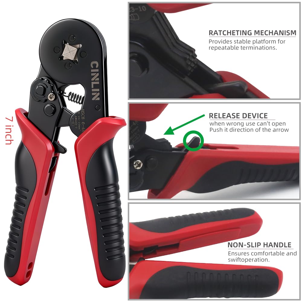 CINLIN Ferrule Crimping Tool Kit – Square Crimp Plier 23-7 AWG with 1380 Pcs Red Copper Terminals