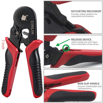 CINLIN Ferrule Crimping Tool Kit – Square Crimp Plier 23-7 AWG with 1380 Pcs Red Copper Terminals