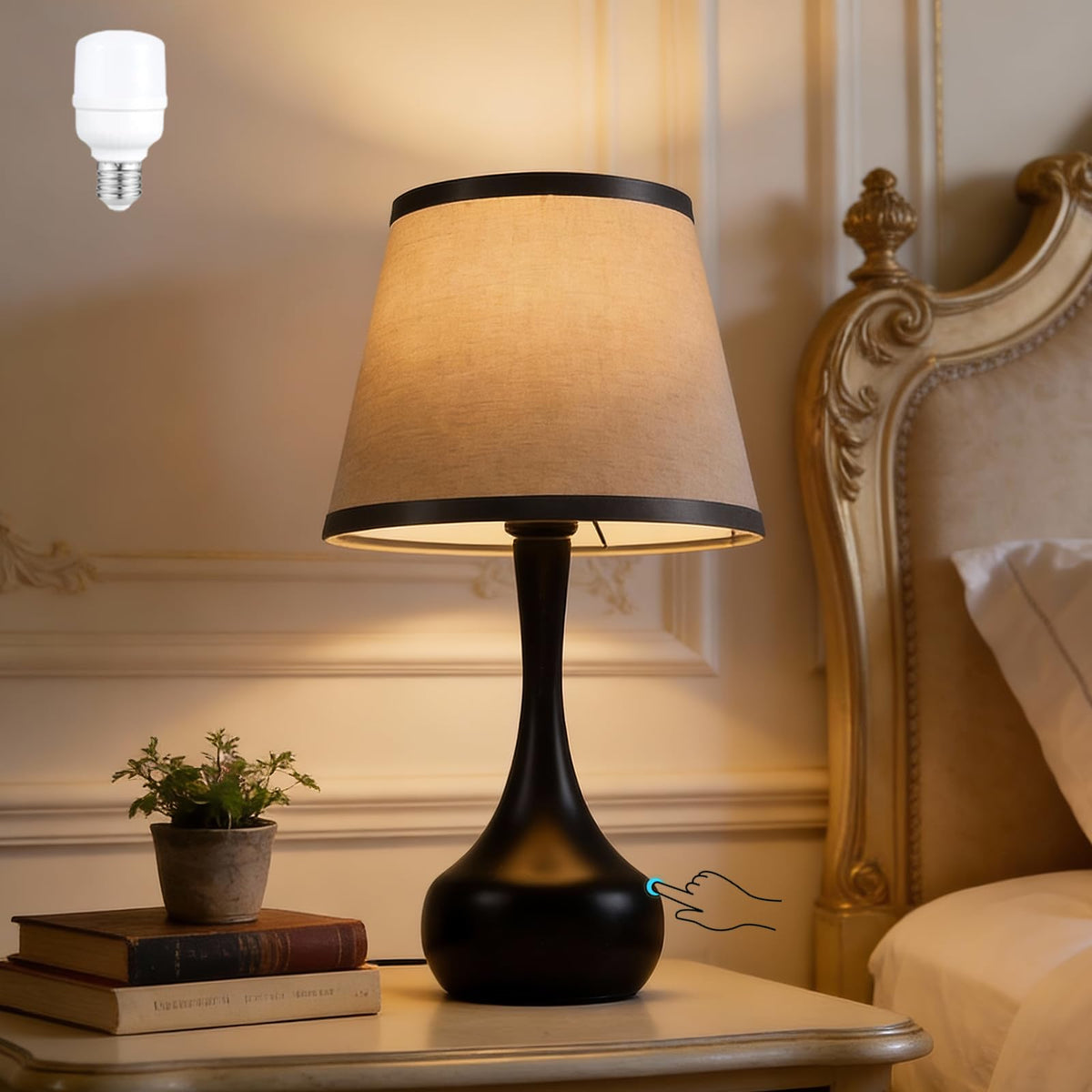 CMQIL 17-Inch Touch Table Lamp — 3-Way Dimmable Bedside Lamp with Linen Shade