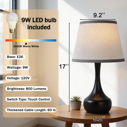 CMQIL 17-Inch Touch Table Lamp — 3-Way Dimmable Bedside Lamp with Linen Shade
