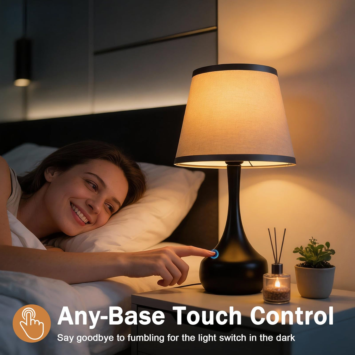 CMQIL 17-Inch Touch Table Lamp — 3-Way Dimmable Bedside Lamp with Linen Shade