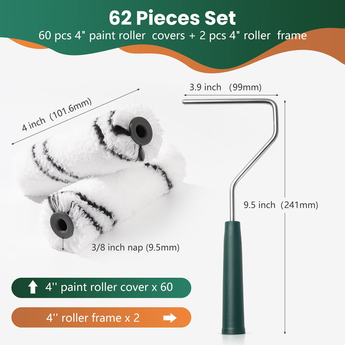 CoatPro Twools 60 Pack 4-Inch Microfiber Roller Covers + 2 Anti-Rust Frames