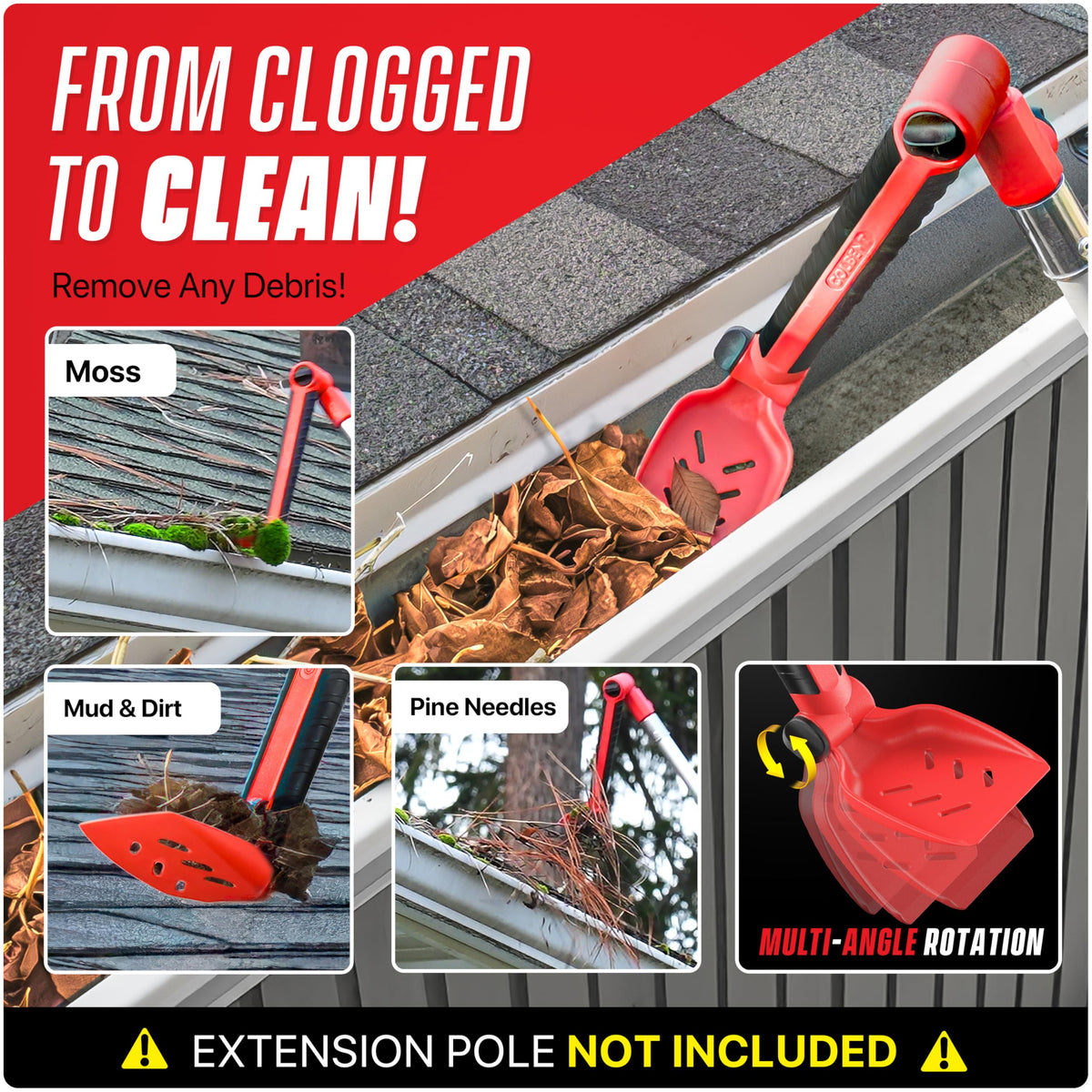 Colbent Multi-Angle Gutter Cleaner Tool – Ground-Based Scoop & Brush Attachment for 5-inch Gutters
