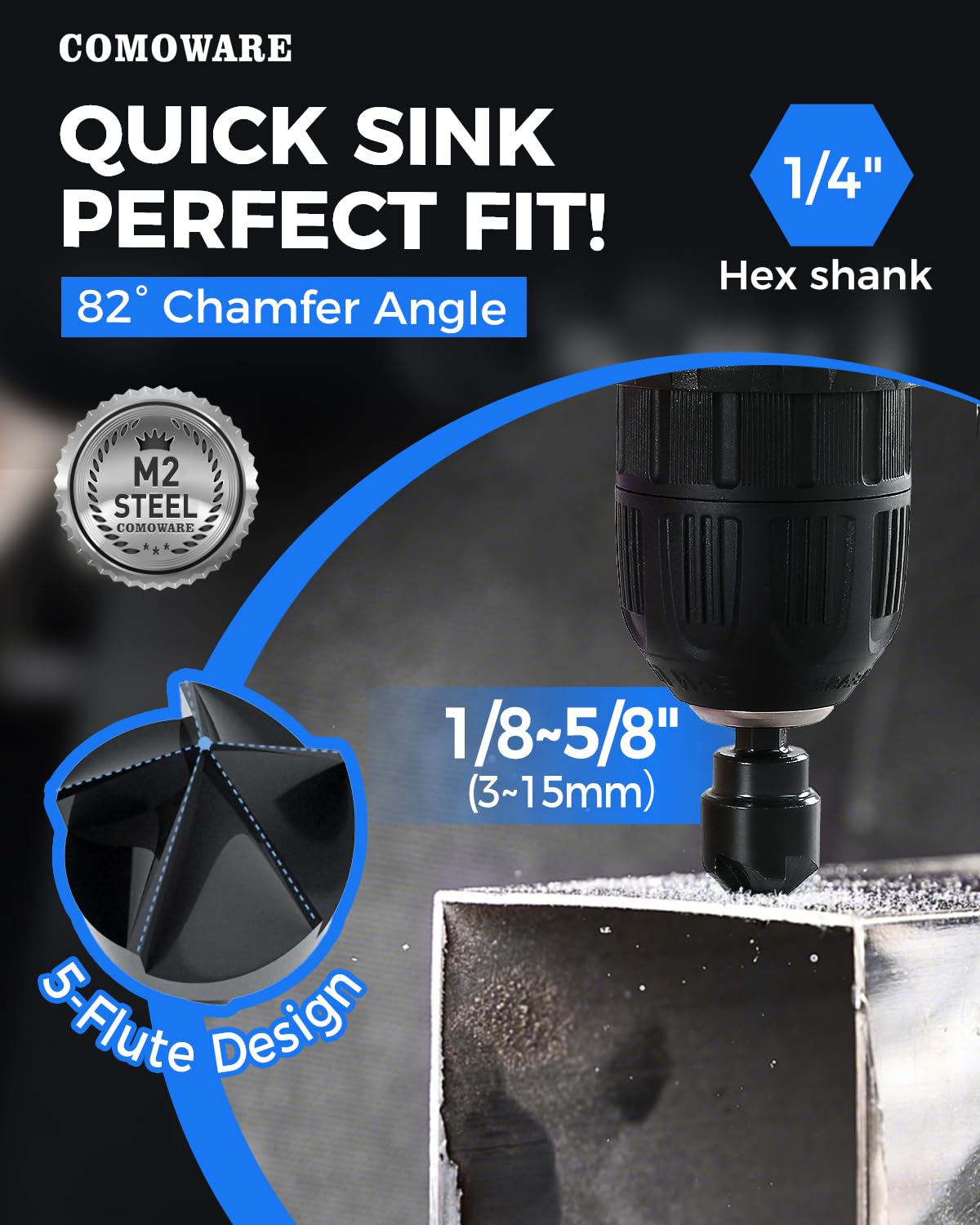COMOWARE Threaded Rod Deburring Tool – External Chamfer Bit, 5 Carbide Tips, 3mm-35mm (1/8"-1-3/8")