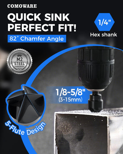 COMOWARE Threaded Rod Deburring Tool – External Chamfer Bit, 5 Carbide Tips, 3mm-35mm (1/8"-1-3/8")