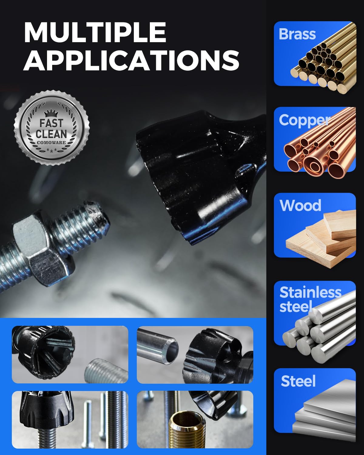 COMOWARE Threaded Rod Deburring Tool – External Chamfer Bit, 5 Carbide Tips, 3mm-35mm (1/8"-1-3/8")