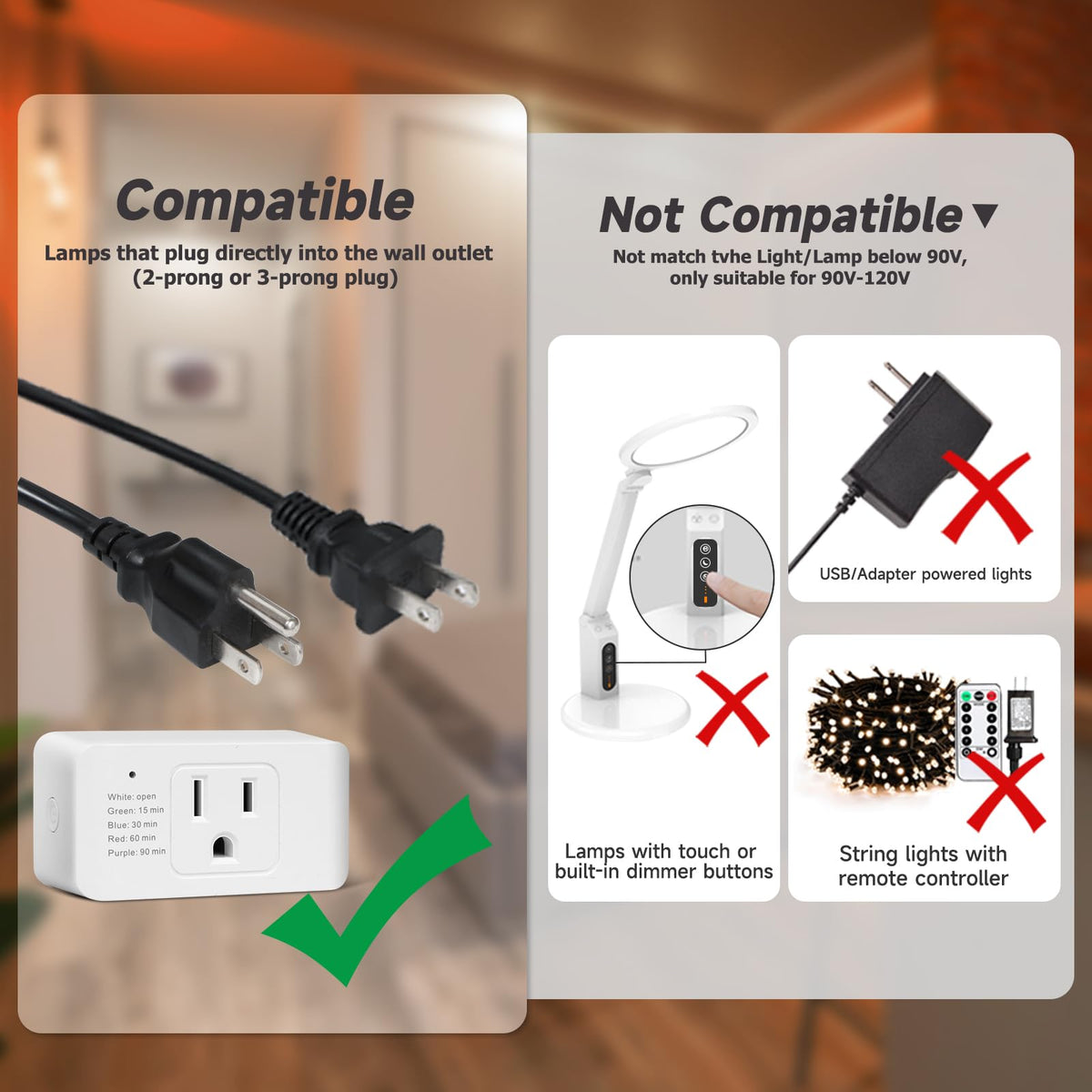 Comyan Indoor Dimmer with Remote, 100ft Range – 2/3-Prong Plug-in Light Dimmer