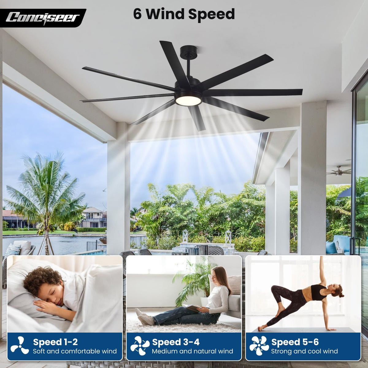 Conciseer 72-Inch Ceiling Fan with Light and Remote – 8-Blade, 3CCT Dimmable, Black