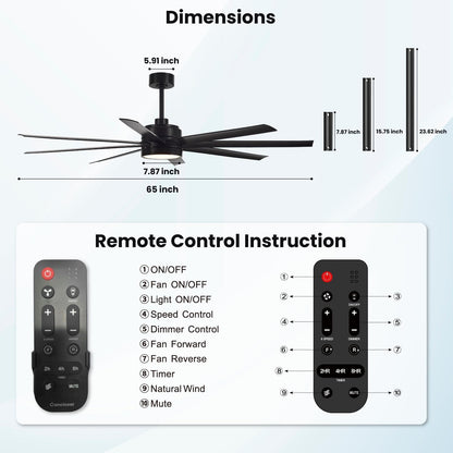 Conciseer 65-Inch Ceiling Fan with Light & Remote – Modern 8-Blade, Quiet DC Motor