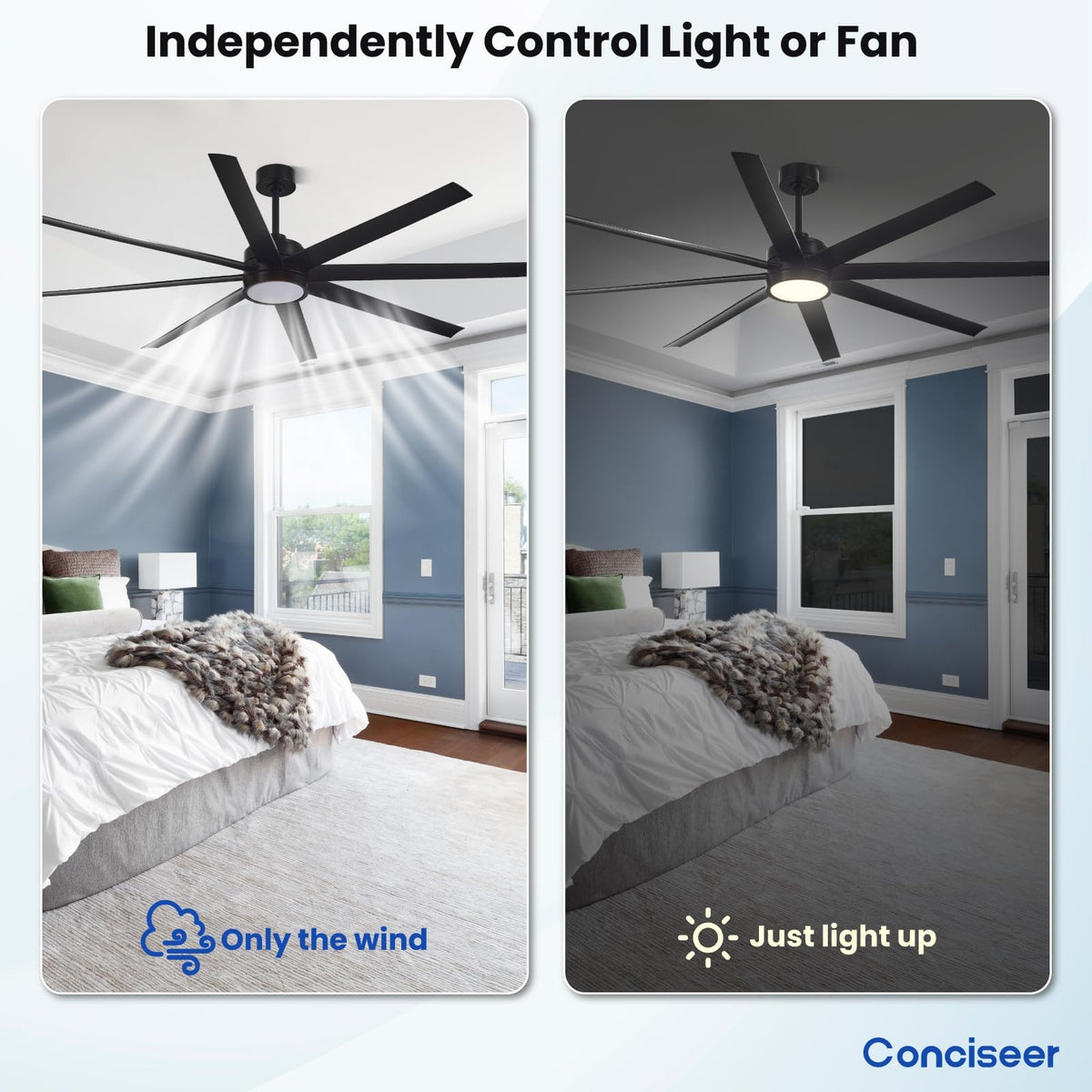 Conciseer 72-Inch Ceiling Fan with Light and Remote – 8-Blade, 3CCT Dimmable, Black