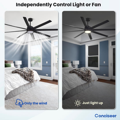 Conciseer 72-Inch Ceiling Fan with Light and Remote – 8-Blade, 3CCT Dimmable, Black