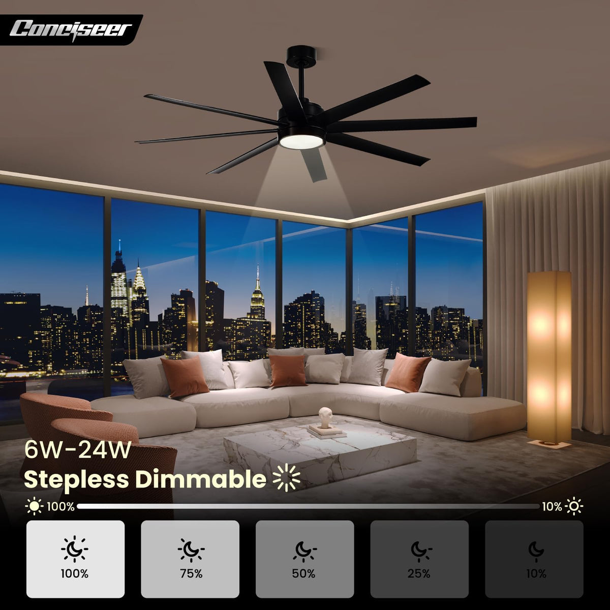Conciseer 65-Inch Ceiling Fan with Light & Remote – Modern 8-Blade, Quiet DC Motor