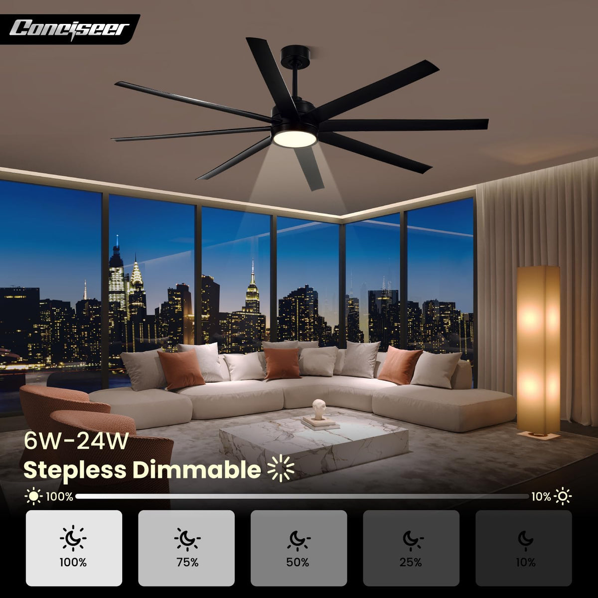 Conciseer 72-Inch Ceiling Fan with Light and Remote – 8-Blade, 3CCT Dimmable, Black
