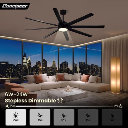 Conciseer 72-Inch Ceiling Fan with Light and Remote – 8-Blade, 3CCT Dimmable, Black