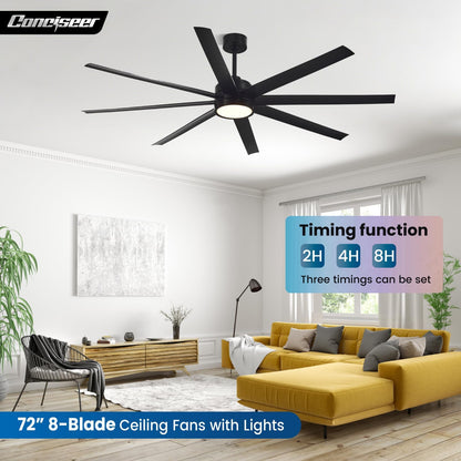 Conciseer 72-Inch Ceiling Fan with Light and Remote – 8-Blade, 3CCT Dimmable, Black