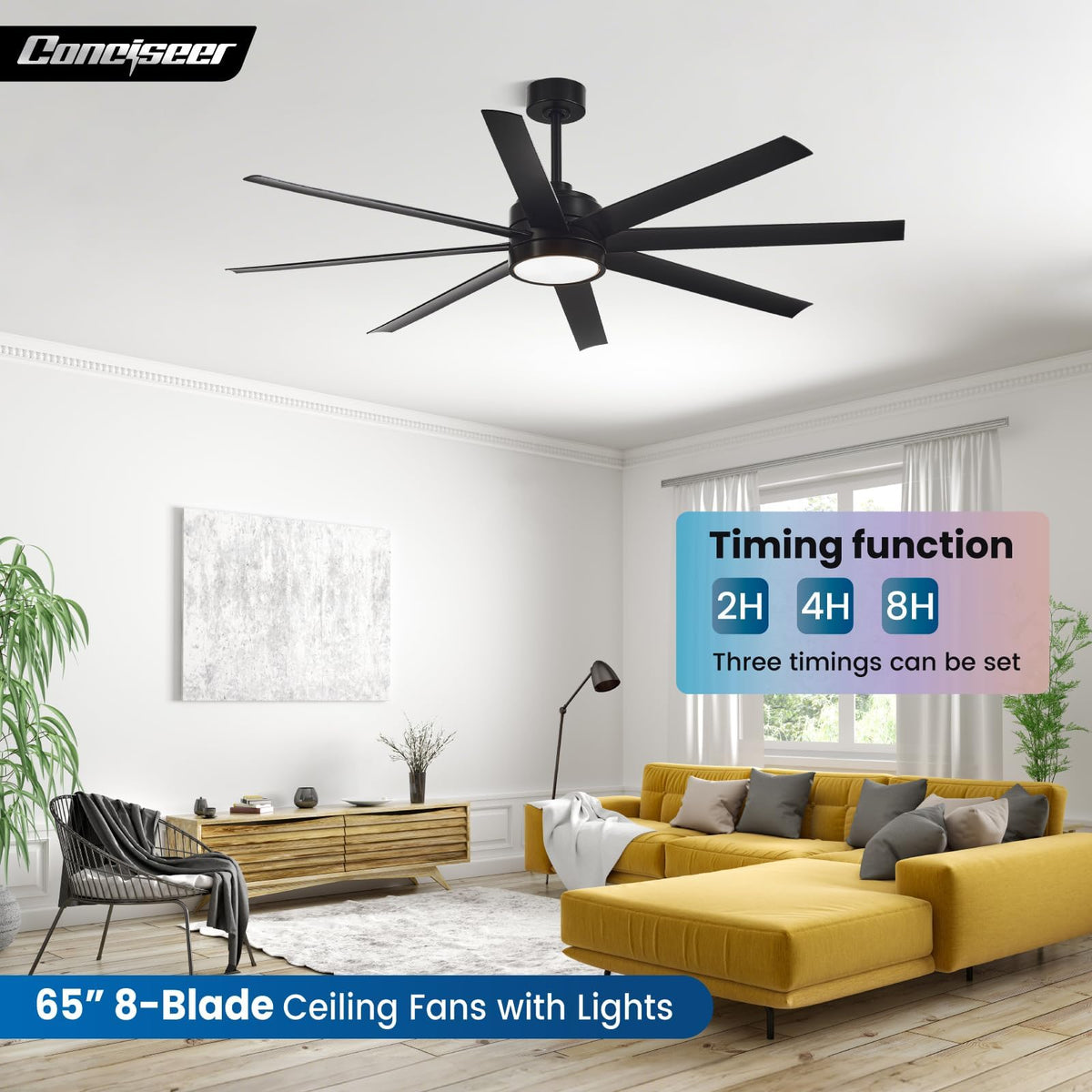 Conciseer 65-Inch Ceiling Fan with Light & Remote – Modern 8-Blade, Quiet DC Motor