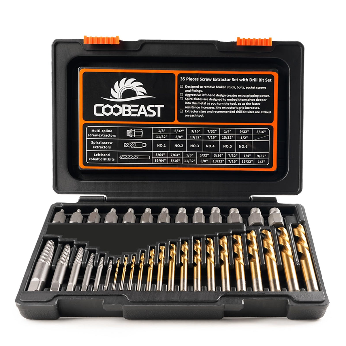 Coobeast 35-Piece Screw Extractor & Left-Hand Drill Bit Set | HSS Titanium-Coated Reverse Drill Bits