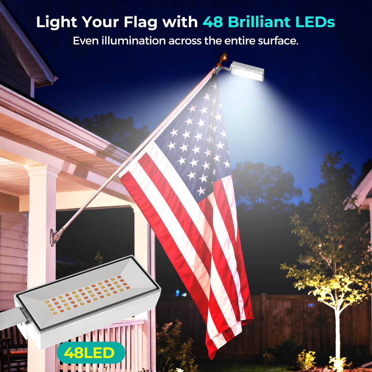 COXSENI Solar Flag Pole Light – 48 LED, 3 Color Modes, Auto On/Off, IP65 Waterproof