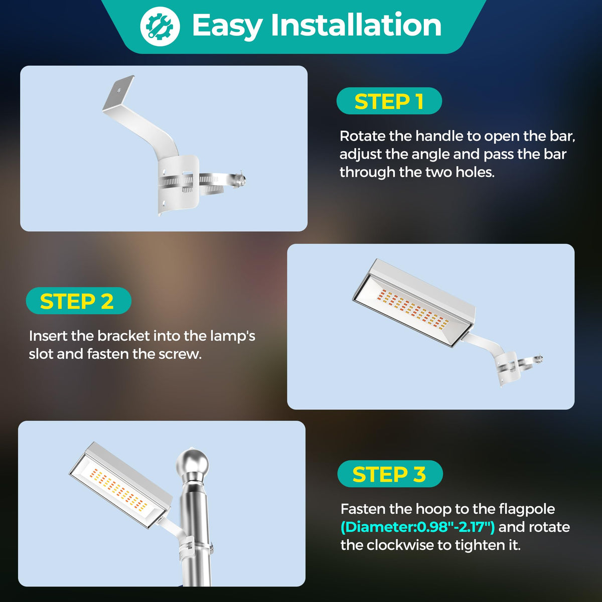 COXSENI Solar Flag Pole Light – 48 LED, 3 Color Modes, Auto On/Off, IP65 Waterproof