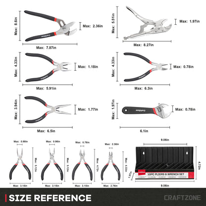 CraftZone 10-Piece Pliers & Wrench Set with Storage Rack – Includes Locking
