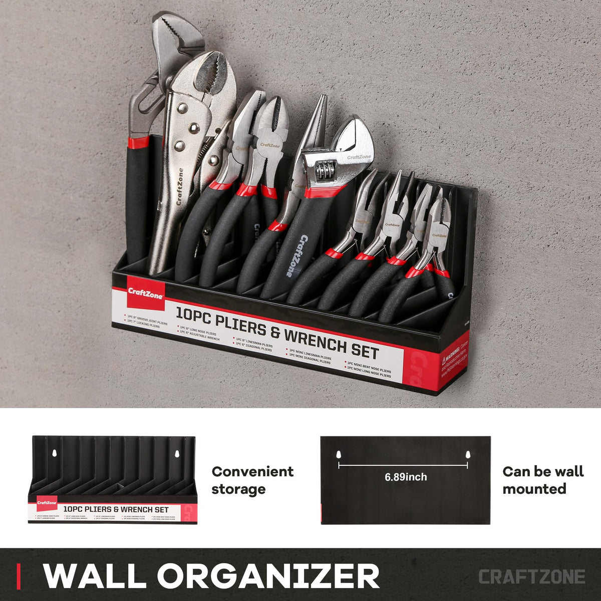 CraftZone 10-Piece Pliers & Wrench Set with Storage Rack – Includes Locking