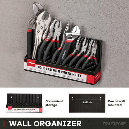 CraftZone 10-Piece Pliers & Wrench Set with Storage Rack – Includes Locking