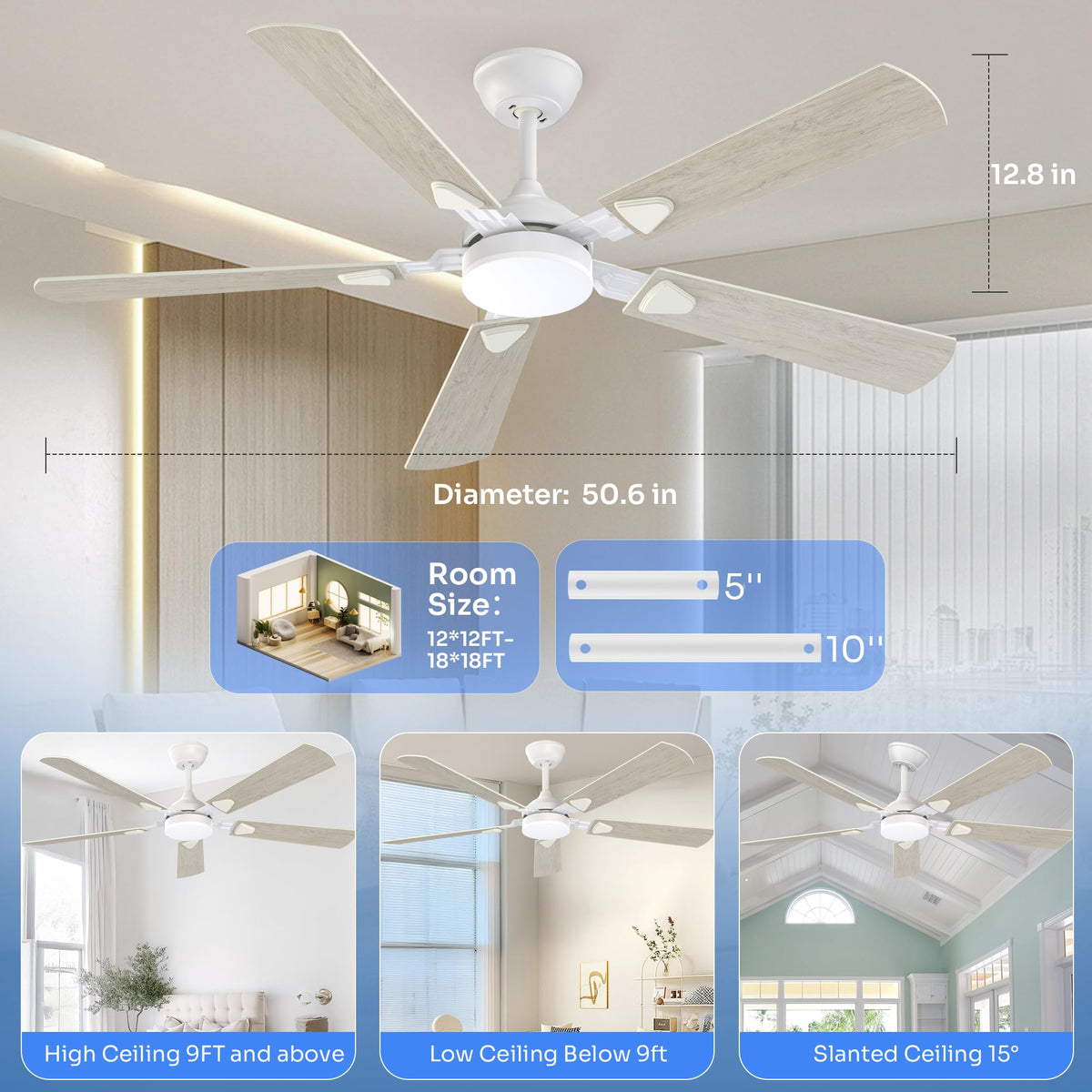 Crazypai 52-Inch Ceiling Fan with Lights | DC Motor, Remote, 3CCT, Reversible