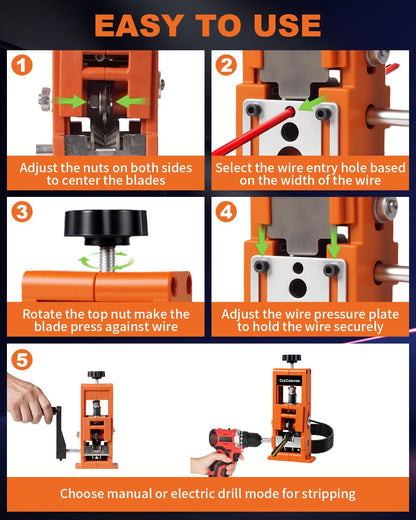 CuzConven Wire Stripper Machine – Drill Powered & Hand Crank, 0.04-1 Inch Copper Wire