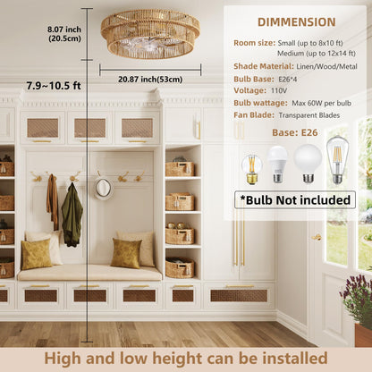 DARYEWO Rattan Boho Ceiling Fan with Light – 20 Inch, 6-Speed, Remote, Brown