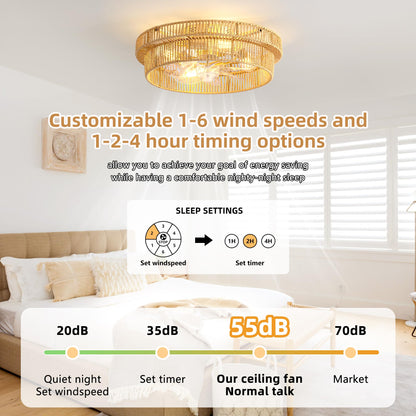 DARYEWO Rattan Boho Ceiling Fan with Light – 20 Inch, 6-Speed, Remote, Brown