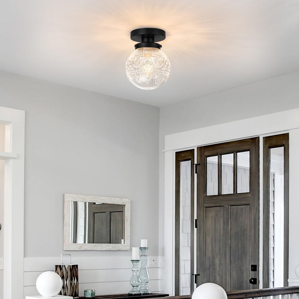 Daunton Semi Flush Mount Glass Light – Vintage Globe Shade, Matte Black