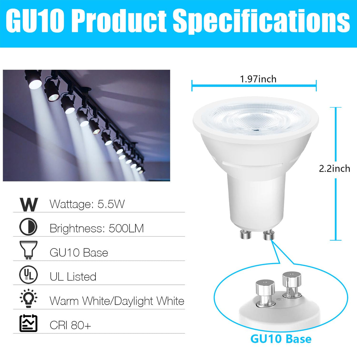DAYBETTER GU10 LED Bulbs - Dimmable MR16 5.5W (50W Equivalent), 500 lm, 5000K Daylight, 12-Pack
