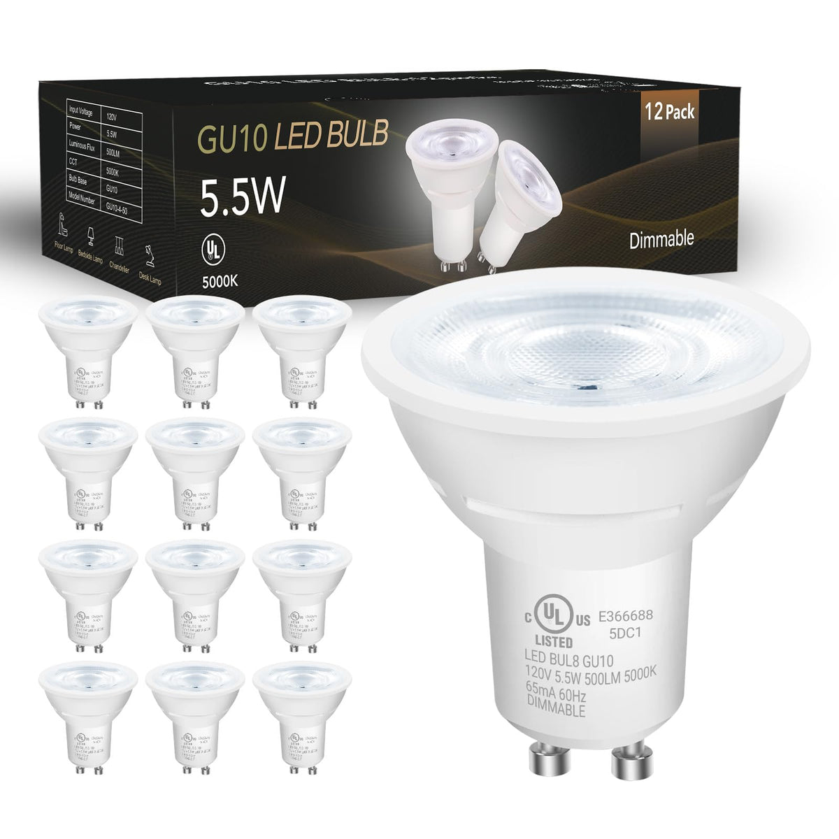 DAYBETTER GU10 LED Bulbs - Dimmable MR16 5.5W (50W Equivalent), 500 lm, 5000K Daylight, 12-Pack
