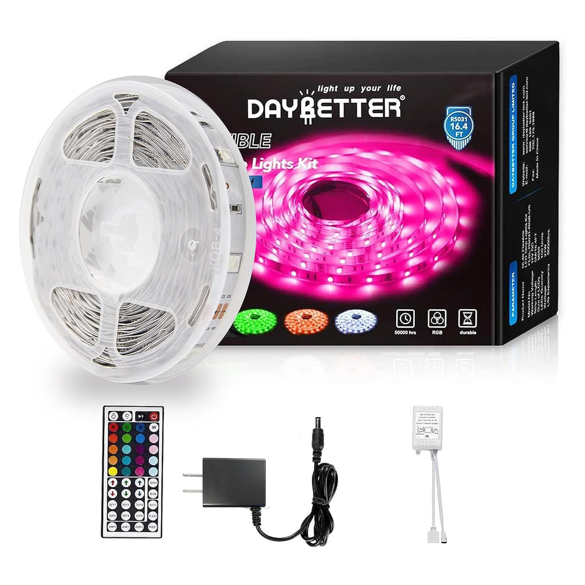 DAYBETTER LED Strip Lights 16.4ft with Remote & Power Supply – 44 Colors, Dimmable, Cuttable