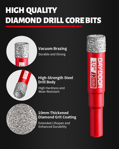 DAYDOOR Dry Diamond Drill Bits Set — 10-Piece Tile & Stone Drill Kit with Cooling Wax