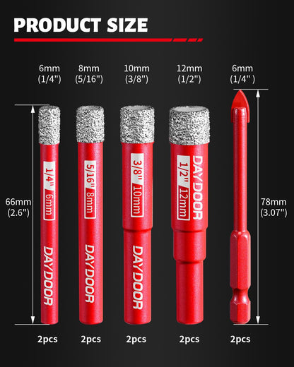 DAYDOOR Dry Diamond Drill Bits Set — 10-Piece Tile & Stone Drill Kit with Cooling Wax