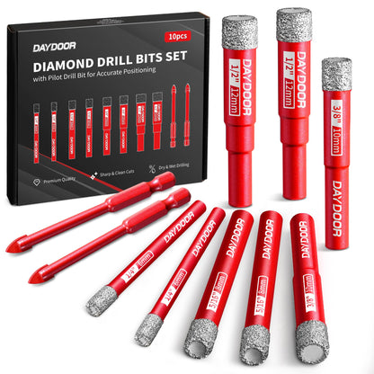 DAYDOOR Dry Diamond Drill Bits Set — 10-Piece Tile & Stone Drill Kit with Cooling Wax