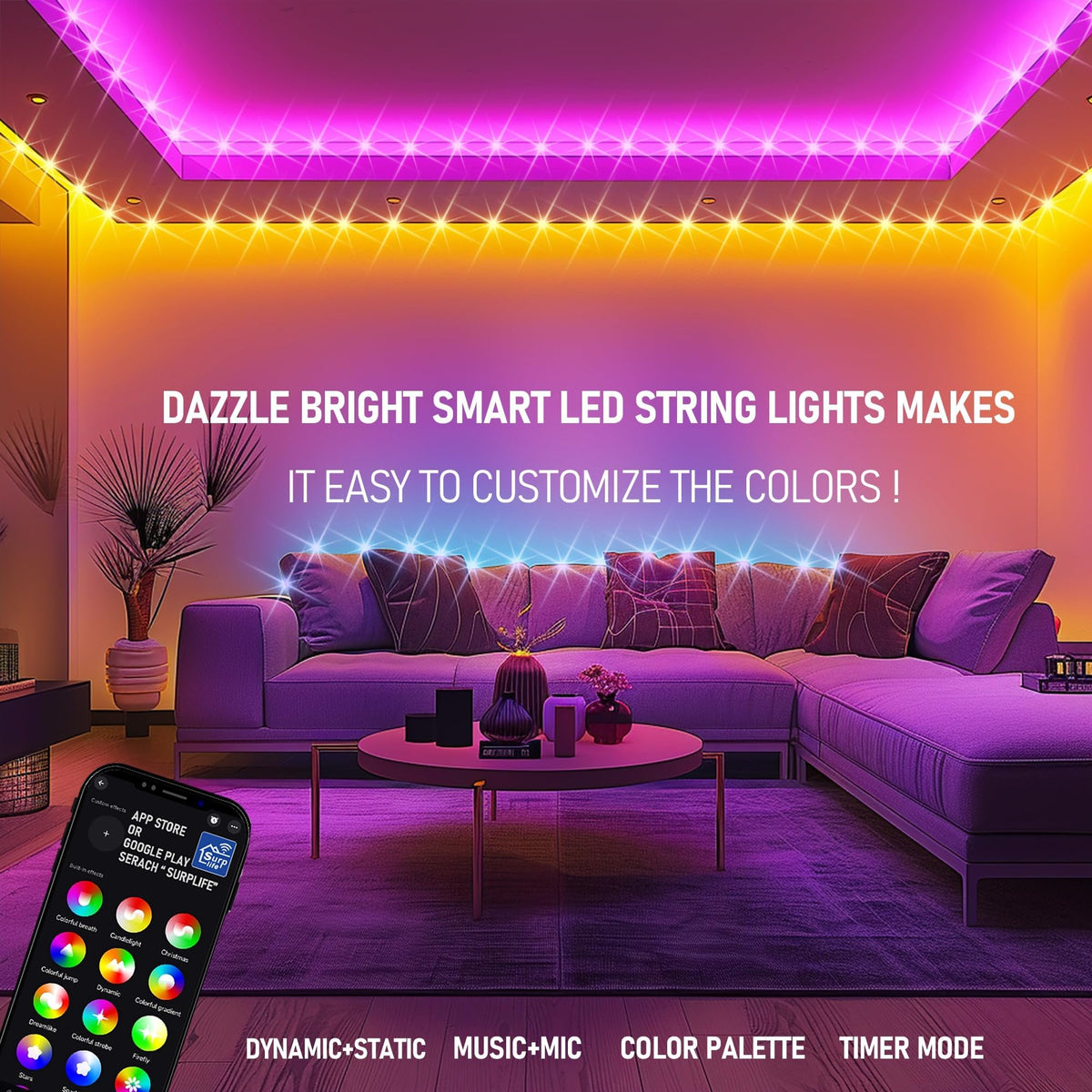 Dazzle Bright 98FT RGB Color-Changing Smart Christmas String Lights with App & Remote