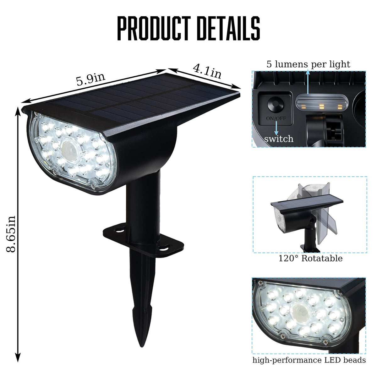 Dazzle Bright Solar Spot Lights Outdoor – 4 Pack with Motion Sensor & 3 Lighting Modes