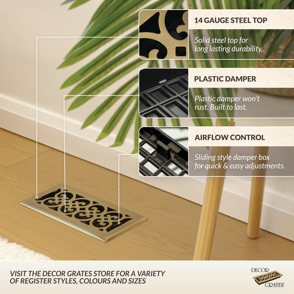 Decor Grates SPH410-A Scroll Floor Register 4x10 – Antique Brass Finish