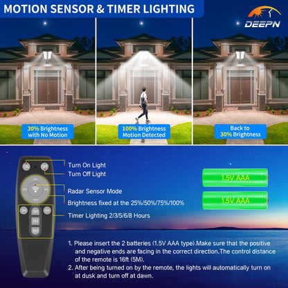 Deepn Solar Lights Outdoor 4-Pack IP66 Flood Lights, Dusk-to-Dawn, Motion Sensor, Remote