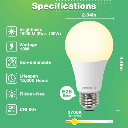 DEGNJU LED Light Bulbs 100W Equivalent, 1500LM, 2700K Soft White, E26, 12-Pack