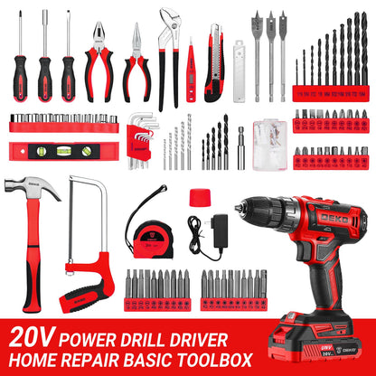 DEKOPRO Red 20V Cordless Drill Tool Kit Set | Battery-Powered Drill Driver & Tools Case