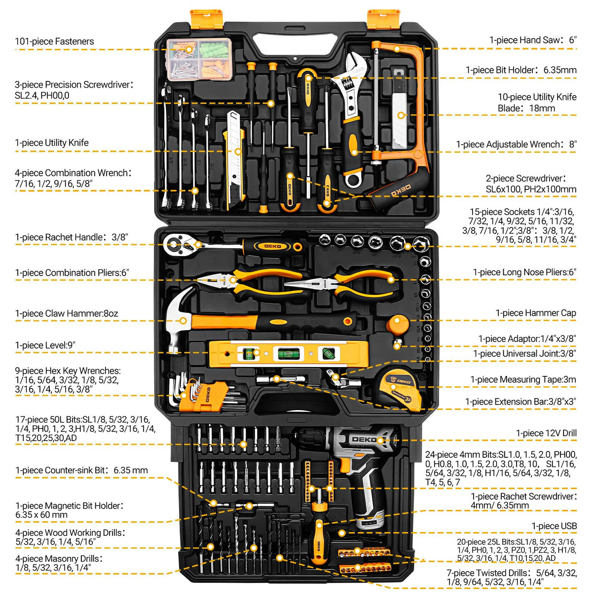 DEKOPRO Tool Kit Box Drill Set – 12V Cordless Drill, 238-Piece Home Mechanic Toolbox