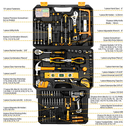 DEKOPRO Tool Kit Box Drill Set – 12V Cordless Drill, 238-Piece Home Mechanic Toolbox