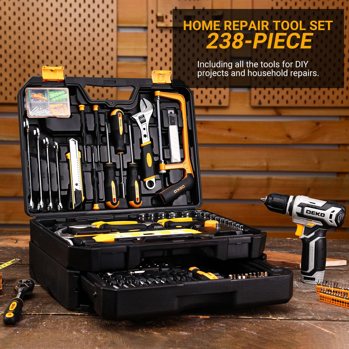 DEKOPRO Tool Kit Box Drill Set – 12V Cordless Drill, 238-Piece Home Mechanic Toolbox