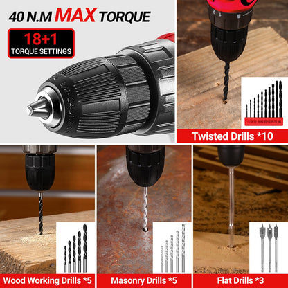 DEKOPRO Red 20V Cordless Drill Tool Kit Set | Battery-Powered Drill Driver & Tools Case