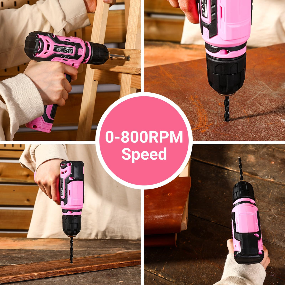 DEKOPRO Pink 12V Cordless Drill Set – 800 RPM, LED Light, Gift Box