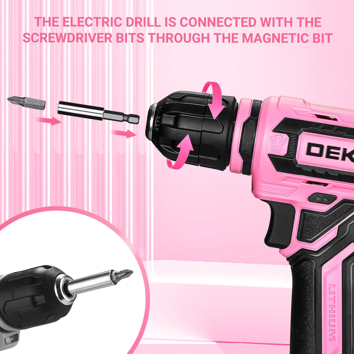 DEKOPRO Pink 12V Cordless Drill Set – 800 RPM, LED Light, Gift Box