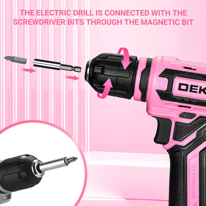DEKOPRO Pink 12V Cordless Drill Set – 800 RPM, LED Light, Gift Box